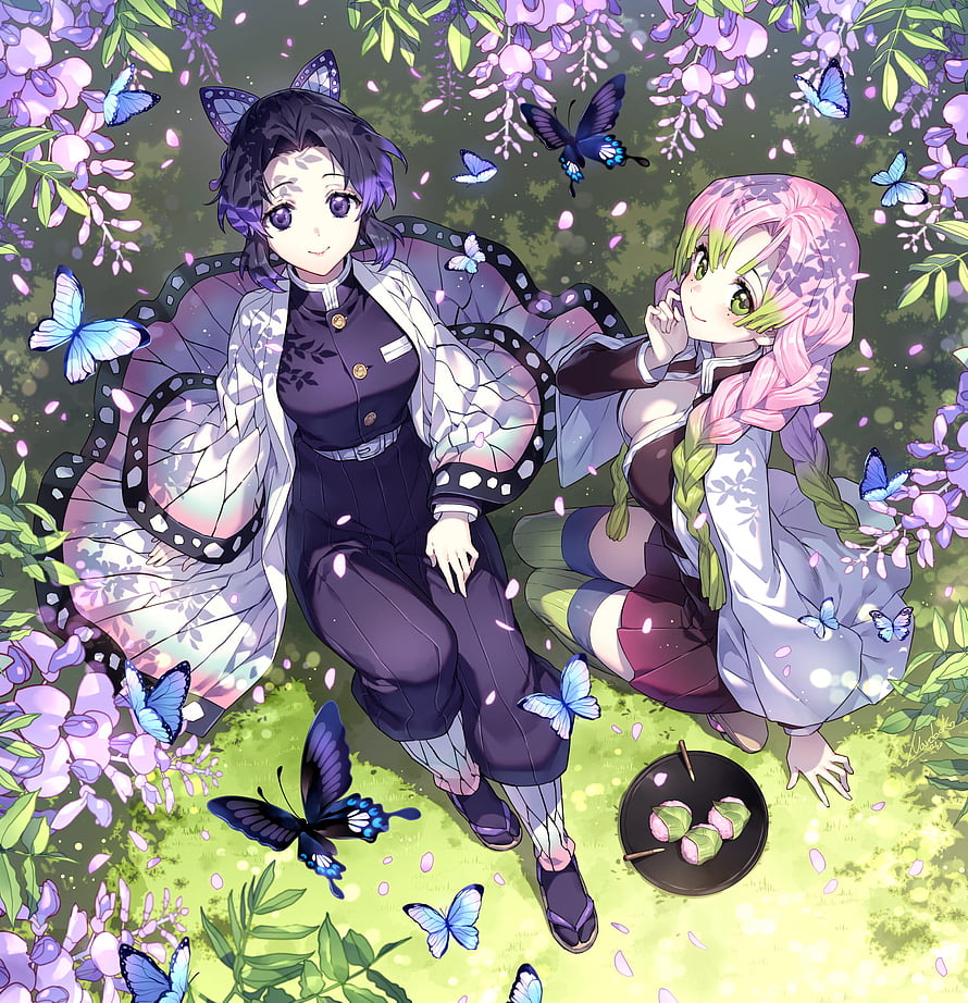 Kochou Shinobu and Mitsuri Kanroji from Demon Slayer Relaxing Under Wisteria Blossoms HD phone wallpaper