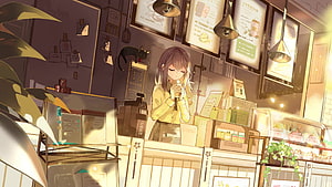 Anime Girl Working at a Cozy Coffee Shop Counter with a Black Cat HD wallpaper