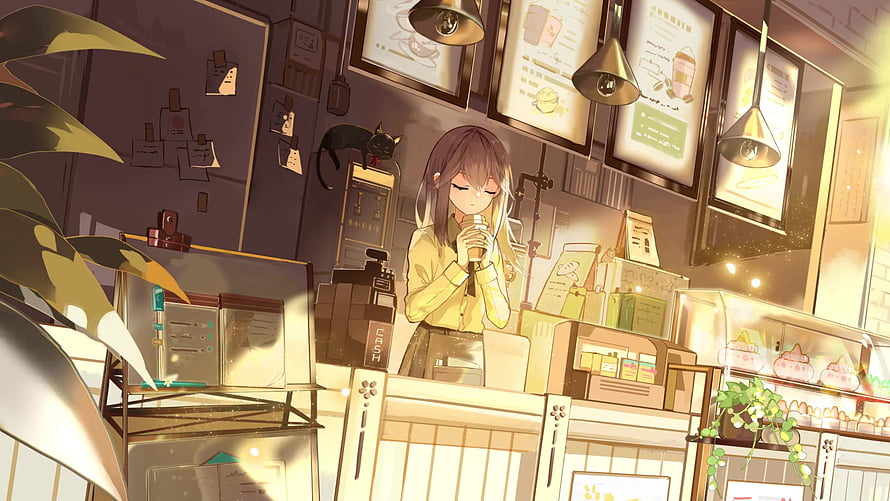 Anime Girl Working at a Cozy Coffee Shop Counter with a Black Cat HD wallpaper