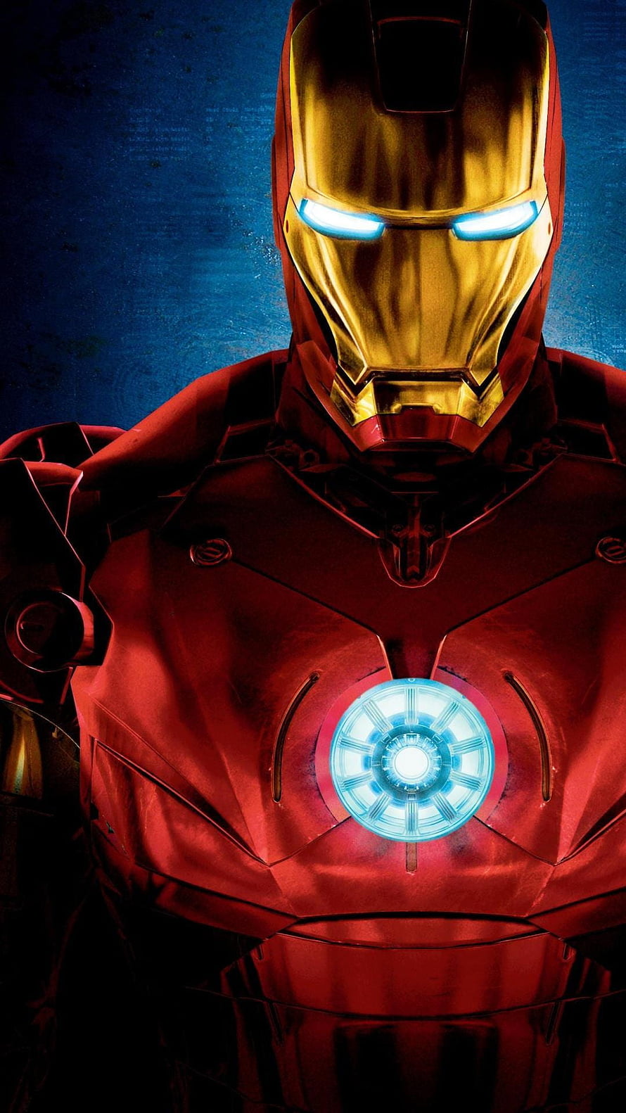 Iron Man Close-Up Portrait with Glowing Arc Reactor and Blue Eyes on Dark Blue Background HD phone wallpaper
