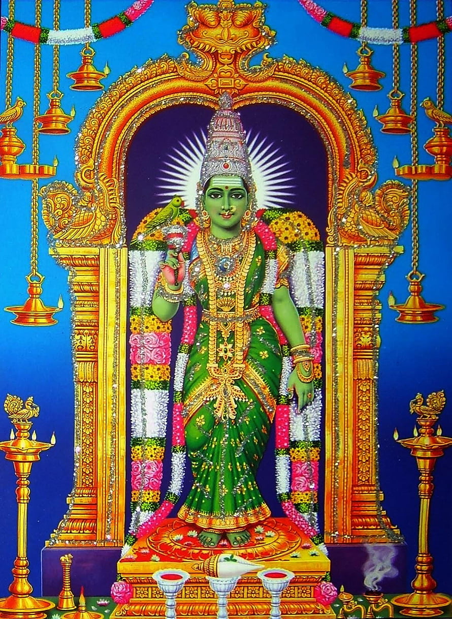 Goddess Meenakshi Amman in Green Saree with Ornate Temple Arch and Oil Lamps HD phone wallpaper