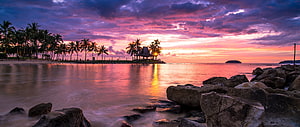 Tropical Beach Sunset with Palm Trees and Rocky Shoreline HD wallpaper