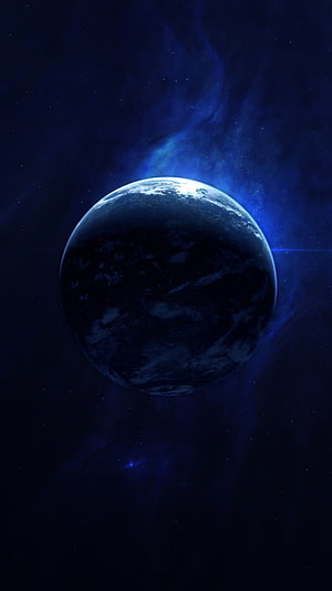 Dark Earth Planet in Deep Space with Blue Nebula and Starfield HD phone wallpaper