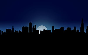 Dark City Skyline Silhouette with Full Moon Rising Against Deep Blue Night Sky HD wallpaper