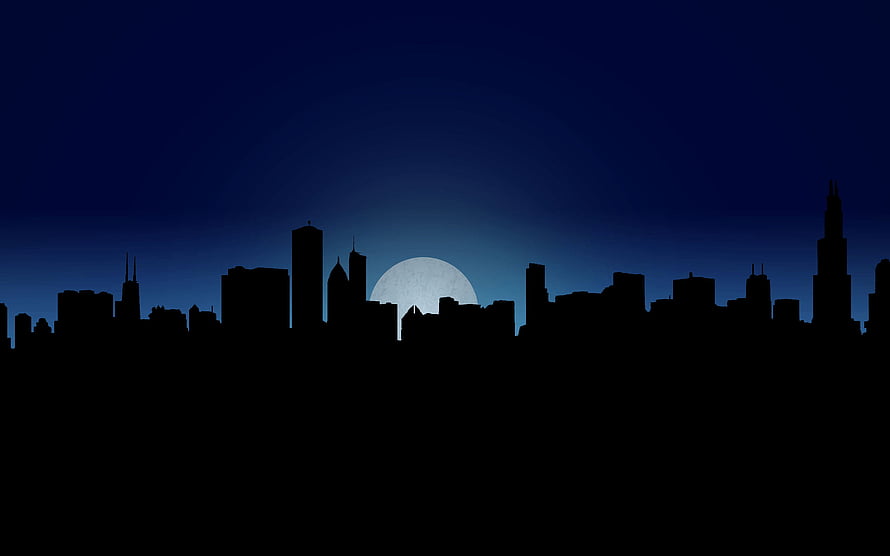 Dark City Skyline Silhouette with Full Moon Rising Against Deep Blue Night Sky HD wallpaper