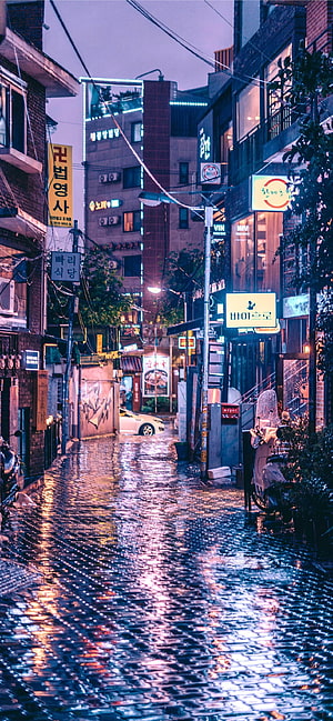 Rainy Seoul Alley at Dusk with Neon Signs and Cobblestone Reflections HD phone wallpaper