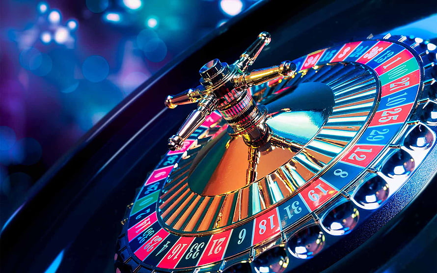 Close-Up of a Spinning Casino Roulette Wheel with Vibrant Neon Lighting HD wallpaper