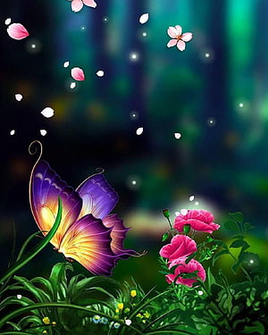 Vibrant Purple Butterfly Perched on Green Foliage with Pink Flowers and Floating Petals HD phone wallpaper