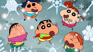 Crayon Shin-chan Kids Playing in Snowy Winter Scene with Snowflakes HD wallpaper