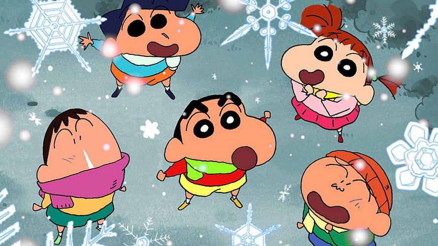 Crayon Shin-chan Kids Playing in Snowy Winter Scene with Snowflakes HD wallpaper