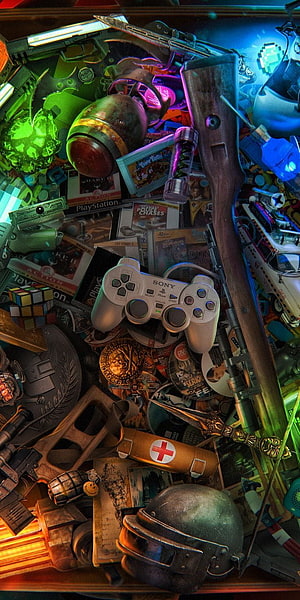 Retro Gaming Nostalgia: Vintage PlayStation Controller, War Memorabilia, and Classic Collectibles in Neon Light HD phone wallpaper