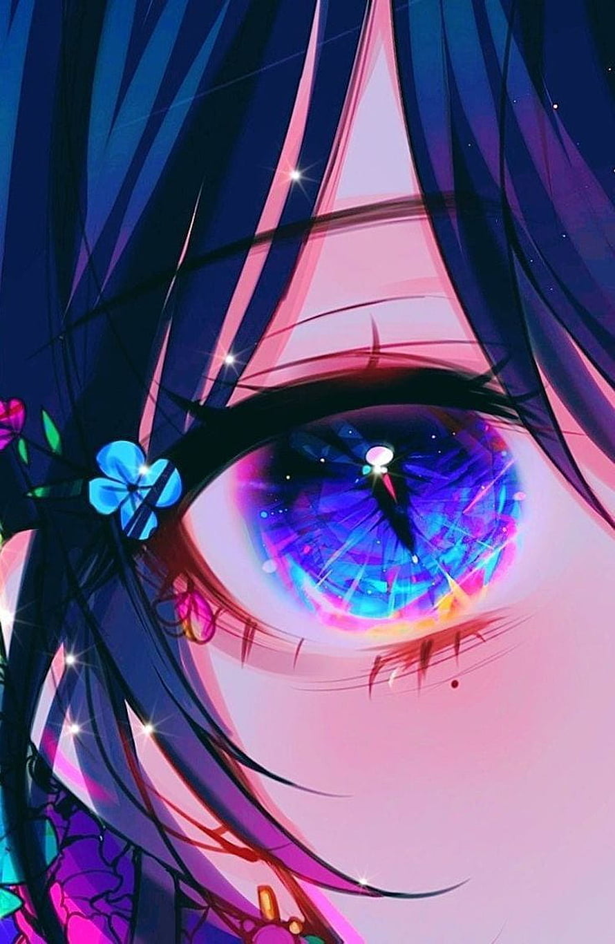 Vibrant Anime Eye Close-Up with Cosmic Iris and Floral Hair Accessory HD phone wallpaper