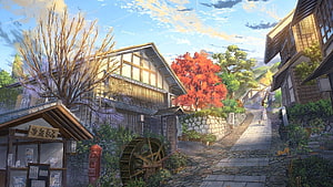 Serene Japanese Village Street with Traditional Architecture and Autumn Foliage HD wallpaper