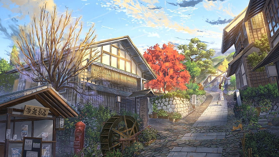 Serene Japanese Village Street with Traditional Architecture and Autumn Foliage HD wallpaper