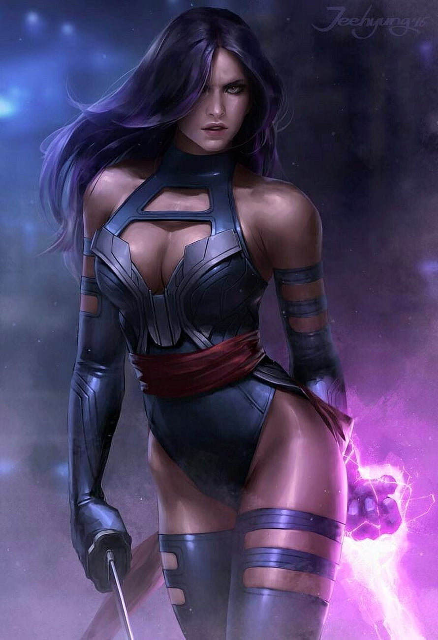 Digital Art of a Female Superhero in Black Armor with Purple Energy HD phone wallpaper