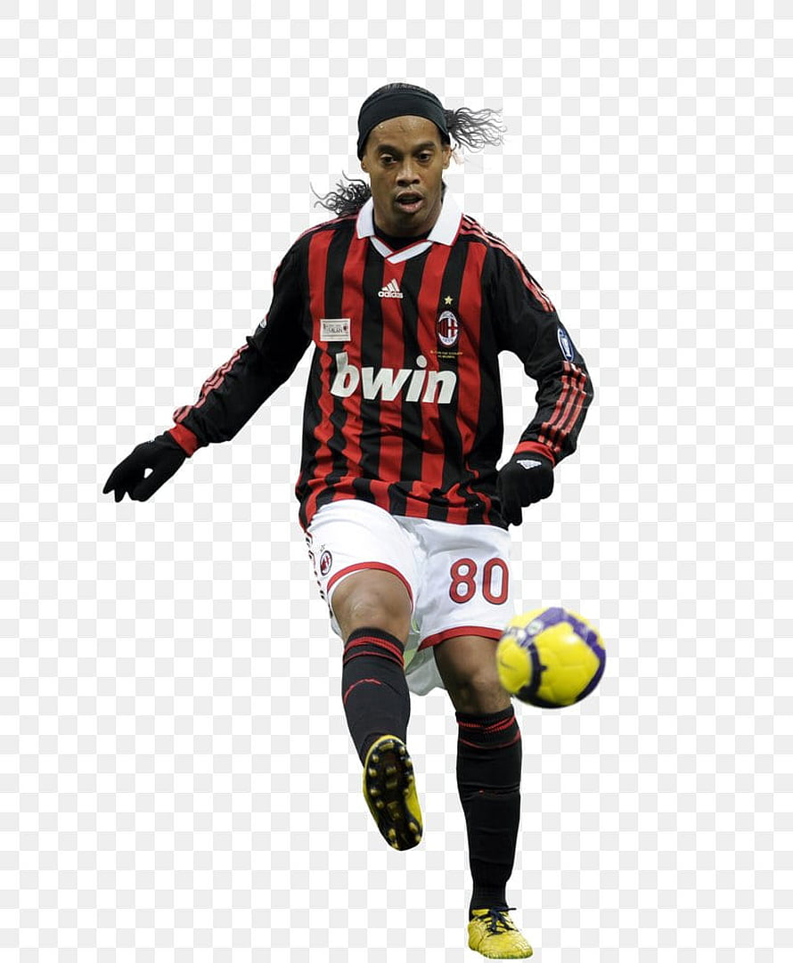 Ronaldinho in AC Milan red and black striped kit kicking a football HD phone wallpaper