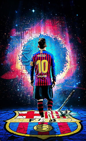 Lionel Messi in FC Barcelona Kit Standing on Club Crest with Cosmic Background HD phone wallpaper