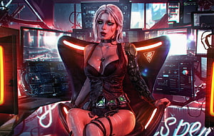 Cyberpunk 2077 Female Character in Neon-Lit Control Room with Multiple Monitors HD wallpaper