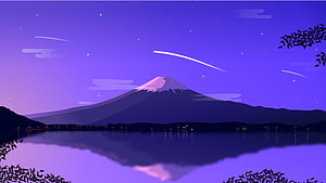 Mount Fuji Night Sky with Shooting Stars and Lake Reflection in Purple Hues HD wallpaper