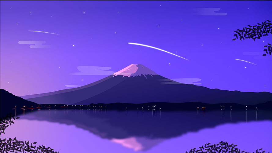 Mount Fuji Night Sky with Shooting Stars and Lake Reflection in Purple Hues HD wallpaper