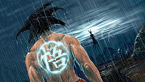 Dragon Ball Z Goku Back Tattoo in Heavy Rain with Distant Figure HD wallpaper
