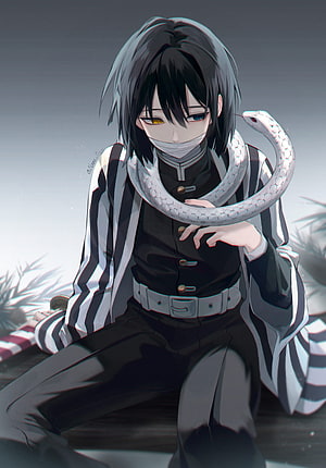 Iguro Obanai from Demon Slayer with White Snake in Black and White Haori HD phone wallpaper