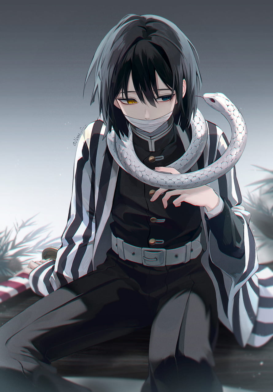 Iguro Obanai from Demon Slayer with White Snake in Black and White Haori HD phone wallpaper