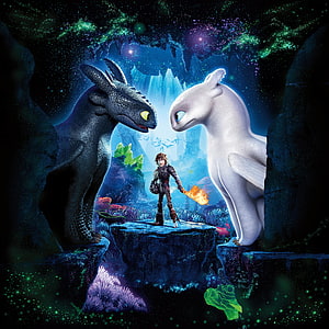 Hiccup with Toothless and Light Fury in a bioluminescent cave from How to Train Your Dragon: The Hidden World HD phone wallpaper