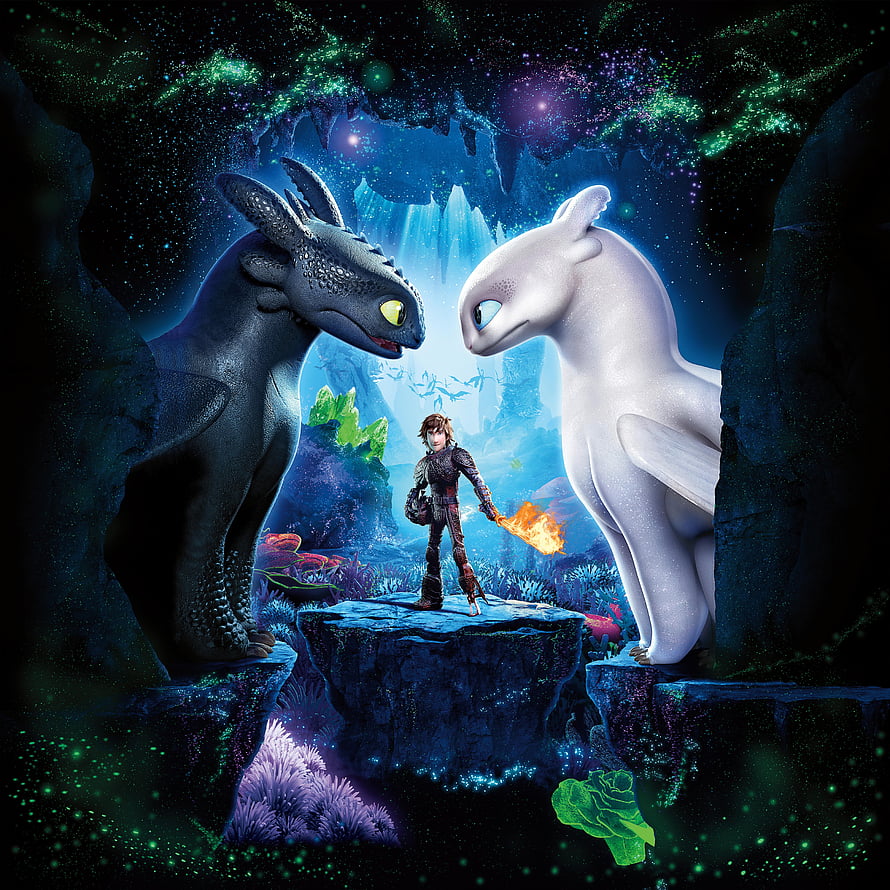 Hiccup with Toothless and Light Fury in a bioluminescent cave from How to Train Your Dragon: The Hidden World HD phone wallpaper