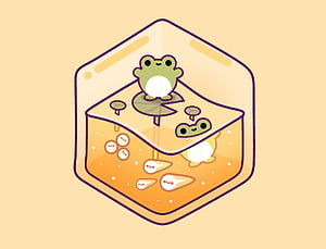 Cute Cartoon Frog Pond Illustration in a Hexagonal Frame with Warm Pastel Colors HD wallpaper