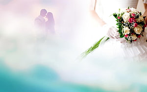 Romantic Wedding Bouquet with Soft Focus Couple Silhouette and Dreamy Pastel Background HD wallpaper