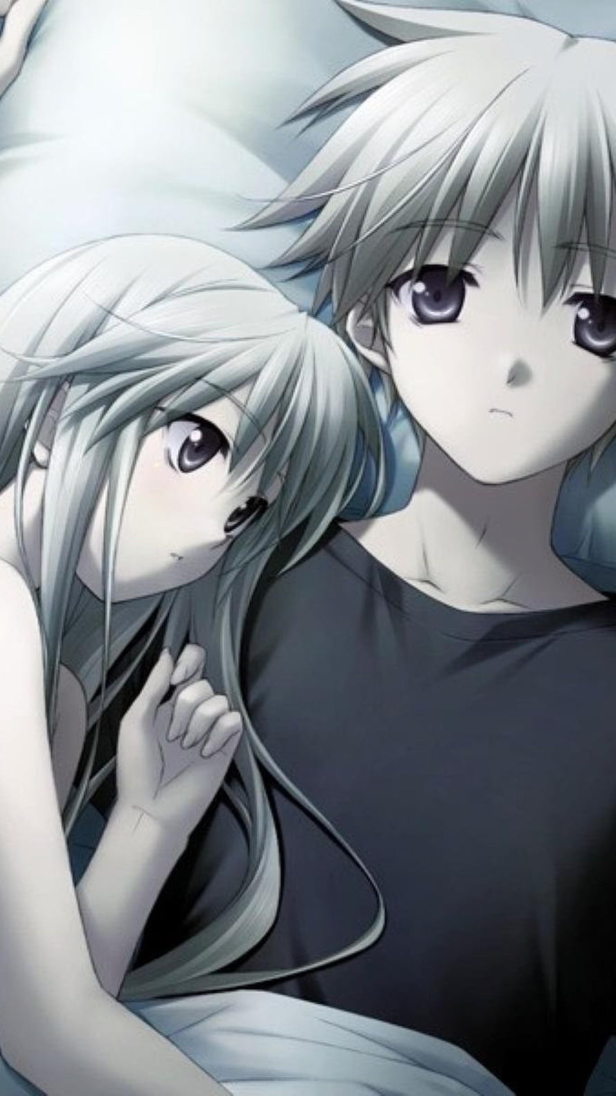 Silver-Haired Anime Couple Lying Together in Bed with Soft Lighting HD phone wallpaper