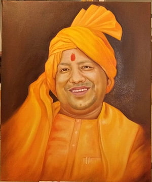 Yogi Adityanath Portrait Painting in Traditional Orange Turban and Attire HD phone wallpaper