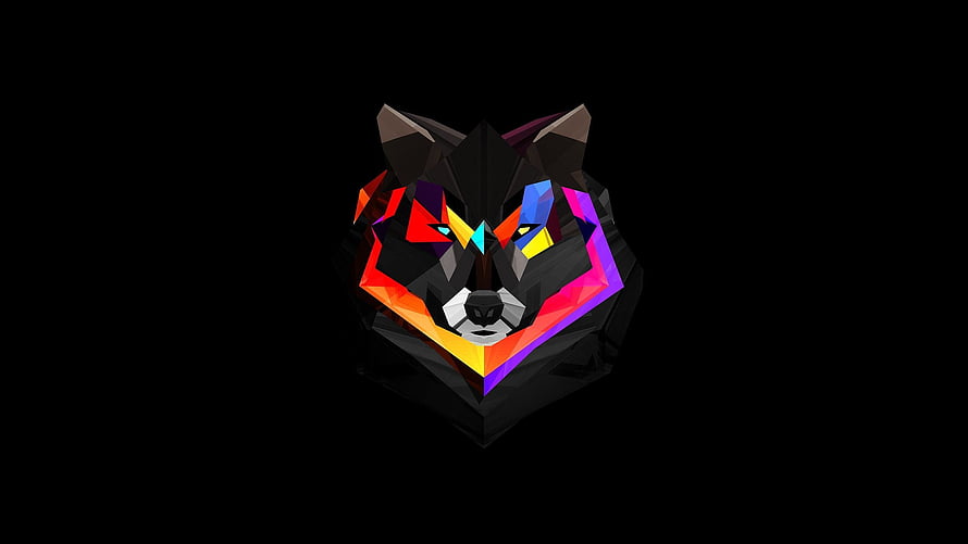 Low Poly Wolf Head with Neon Geometric Accents on Black Background HD wallpaper