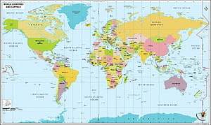 Political World Map Showing All Countries, Borders, and Capital Cities HD wallpaper