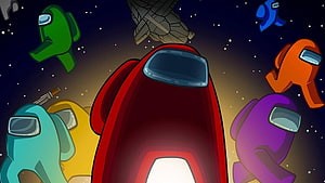 Among Us Crewmates Floating in Space with Starry Background and Spaceship HD wallpaper
