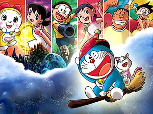 Doraemon and Friends Flying on a Broomstick Through Clouds with Anime Characters HD wallpaper