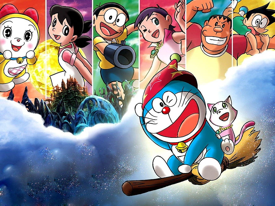 Doraemon and Friends Flying on a Broomstick Through Clouds with Anime Characters HD wallpaper