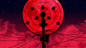 Itachi Uchiha Silhouette on Utility Pole Against Red Moon and Sharingan Symbol HD wallpaper