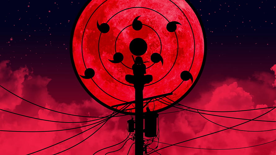 Itachi Uchiha Silhouette on Utility Pole Against Red Moon and Sharingan Symbol HD wallpaper