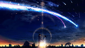 Your Name Anime Key Visual: Tachibana and Mitsuha Under a Split Comet Sky HD wallpaper