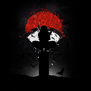 Itachi Uchiha Silhouette Against Crimson Moon in Dark Minimalist Naruto Art HD phone wallpaper