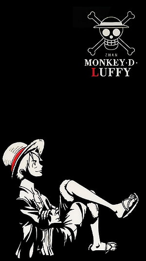 Monkey D. Luffy Sitting Silhouette with Straw Hat and Jolly Roger on Black Background HD phone wallpaper