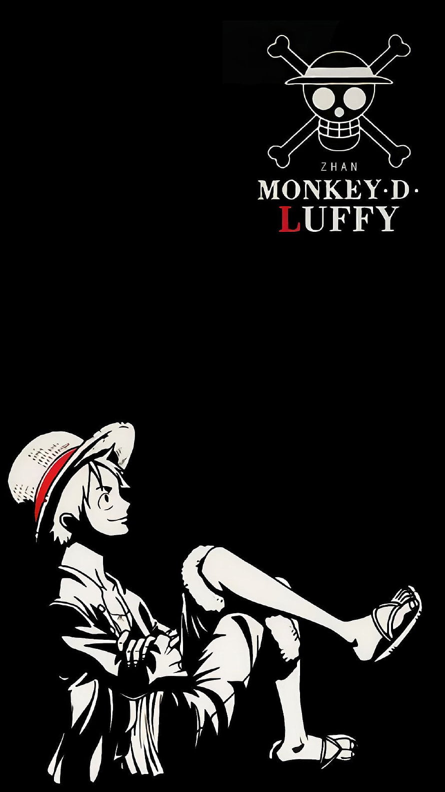 Monkey D. Luffy Sitting Silhouette with Straw Hat and Jolly Roger on Black Background HD phone wallpaper