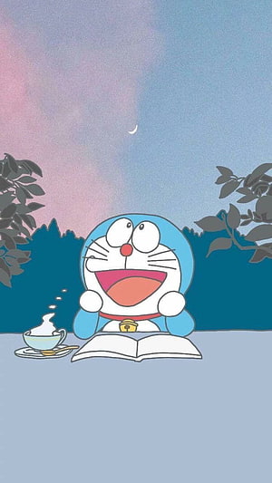 Doraemon Enjoying a Cozy Evening with Hot Cocoa and a Book Under a Crescent Moon HD phone wallpaper
