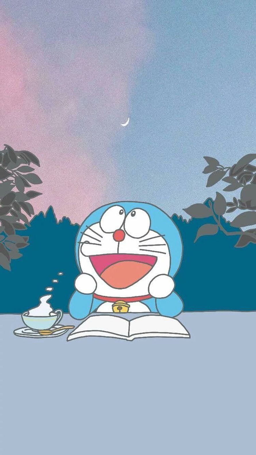 Doraemon Enjoying a Cozy Evening with Hot Cocoa and a Book Under a Crescent Moon HD phone wallpaper