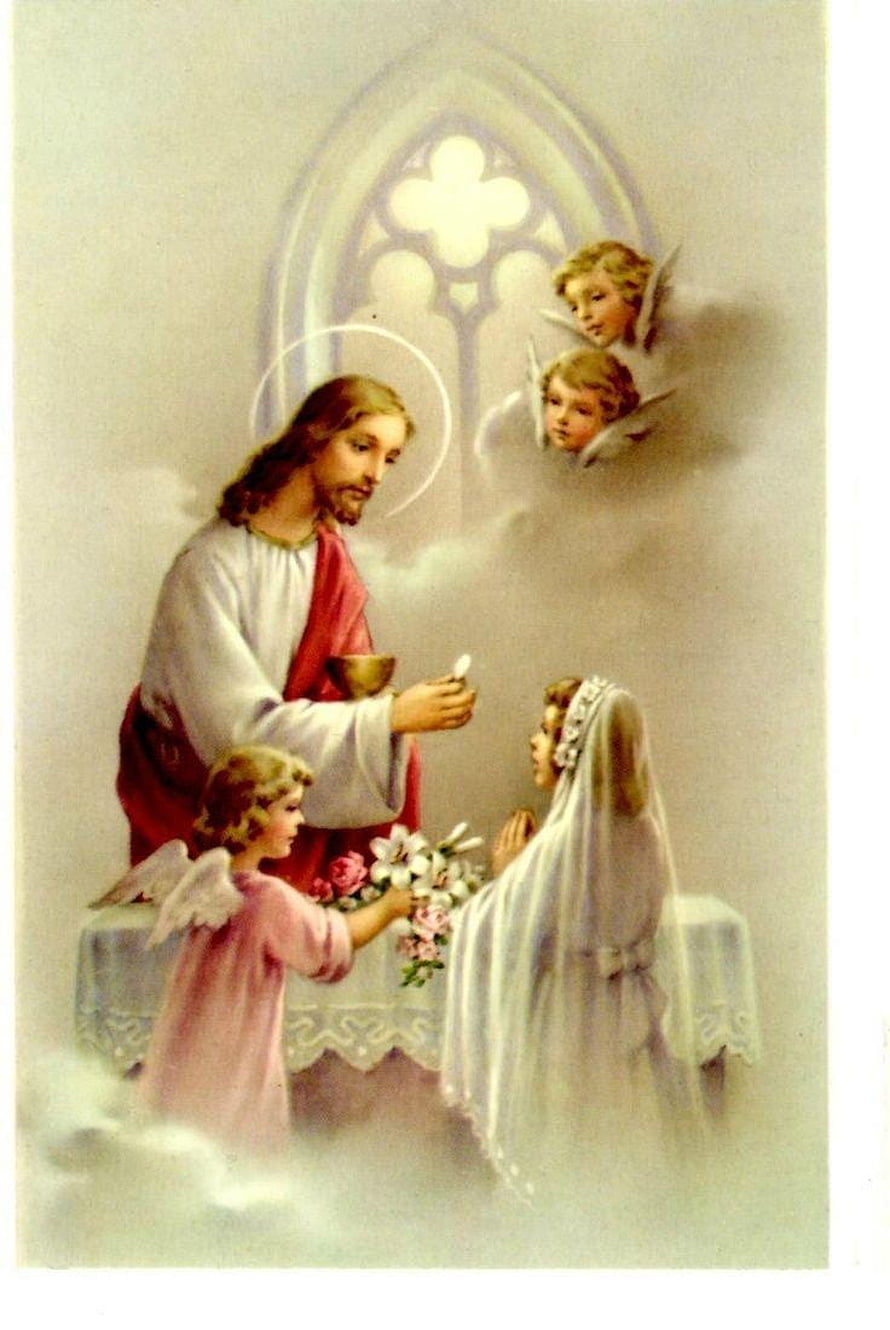 Jesus Christ Offering Holy Communion to a Woman with Angels in a Heavenly Setting HD phone wallpaper