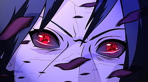 Uchiha Itachi Close-Up With Glowing Red Sharingan Eyes in Dark Purple Anime Style HD wallpaper