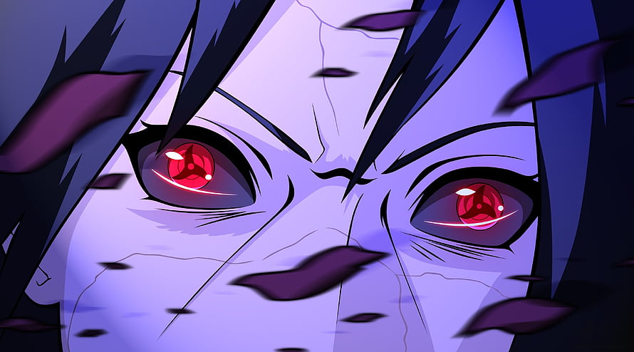 Uchiha Itachi Close-Up With Glowing Red Sharingan Eyes in Dark Purple Anime Style HD wallpaper