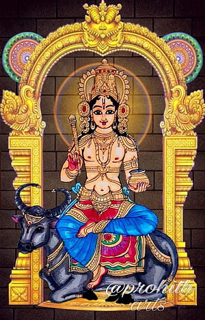 Vishnumaya Deity Seated on Nandi Bull in Ornate Golden Archway HD phone wallpaper